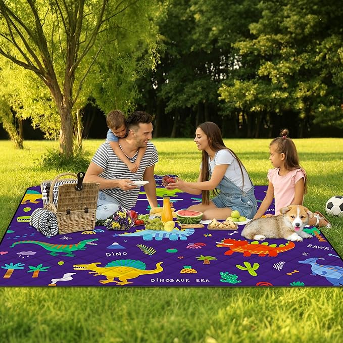 Extra Large Picnic Blanket Waterproof,80"x 80"Foldable Machine Washable Beach Blankets,Outdoor Blanket for 6-8 Adults,Picnic Mat Suitable for Indoor Crawling,Park Beach,Camping,Hiking,Travel(Dinosaur)