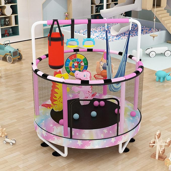 LAMERGE 55" 7-in-1 Round Trampoline for Kids Boys & Girls Ages 1-8, Indoor & Outdoor Trampoline for Fun, Adjustable Height Handrail & Enclosed Safety Net & Durable Designs for Toddlers Children