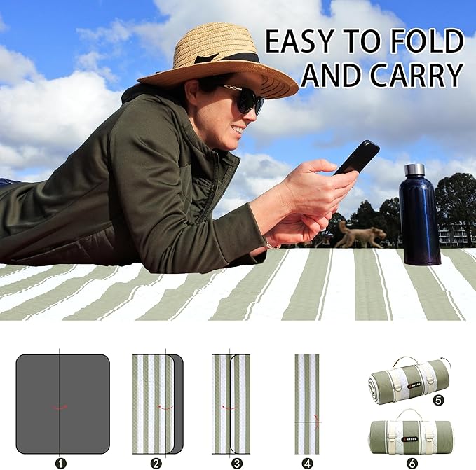 HX&OD Outdoor Picnic Blanket Extra Large, 80”x80” Waterproof Picnic Mat Foldable Camping Blanket Portable with Carry Strap for Beach Mat (Green)