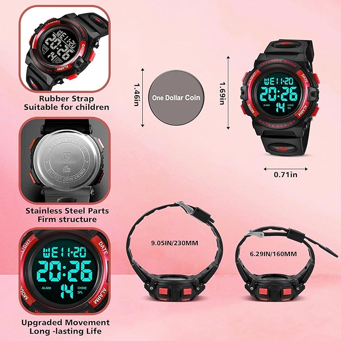 Kids Watch,Boys Watch for 3-15 Year Old Boys,Digital Sport Outdoor Multifunctional Chronograph LED 50 M Waterproof Alarm Calendar Analog Watch for Children with Silicone Band,Kids Gift