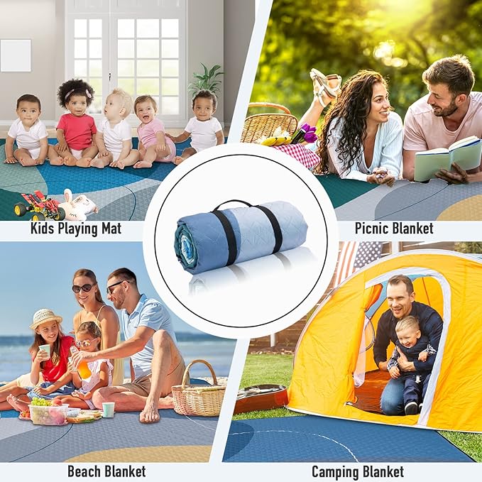 PY SUPER MODE Picnic Blankets Extra Large, Waterproof Foldable Outdoor Beach Blanket Oversized 83x79” Sandproof, 3-Layer Picnic Mat for Camping, Hiking, Travel, Park, Concerts(Abstract Blue)
