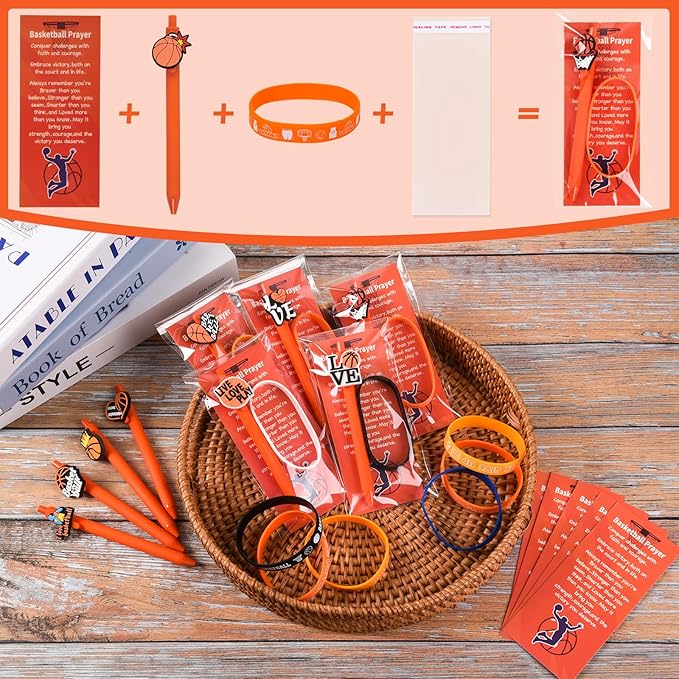 LiYiQ 72 Pcs Basketball Party Favors Basketball Team Gifts Basketball Goodie Bags Stuffers Basketball Ballpoint Pens Bookmark Card and Silicone Bracelet
