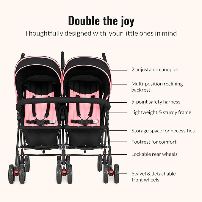 Dream On Me Volgo Twin Umbrella Stroller in Pink, Lightweight Double Stroller for Infant & Toddler, Compact Easy Fold, Large Storage Basket, Large and Adjustable Canopy