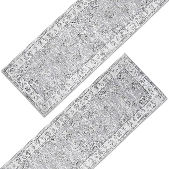 jinchan Runner Rug 2x5-2pcs Kitchen Washable Vintage Hallway Rug Floral Print Floor Cover Indoor Thin Retro Mat Accent Bathroom Laundry Room Bedroom Office Farmhouse (Double,Grey)