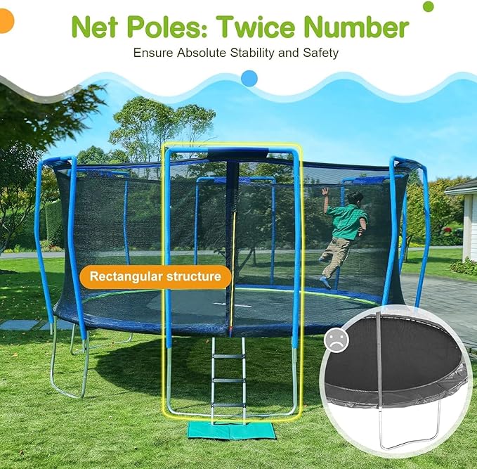 Zupapa Trampolines No-Gap Design 1500 LBS Weight Capacity 16 15 14 12 10 8FT for Kids Children with Safety Enclosure Net Outdoor Backyards Large Recreational Trampoline