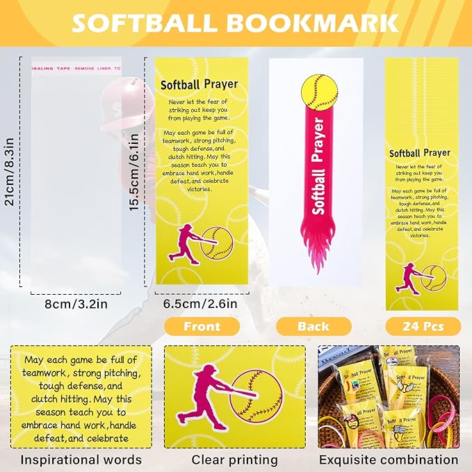 LiYiQ 72 Pcs Softball Party Favors Softball Team Gifts Softball Goodie Bags Stuffers Softball Ballpoint Pens Bookmark Card and Silicone Bracelet
