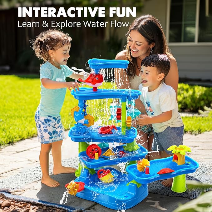 CozyBomB™ Water Table for Toddlers 3-5 | Outdoor Toys Water Play Table, Magnetic Fishing Toy Game, Summer Splash Pond Showers Sand Activity, Sensory Party Birthday Gift Kids Ages 4-8 9-12 (5-Tiers)