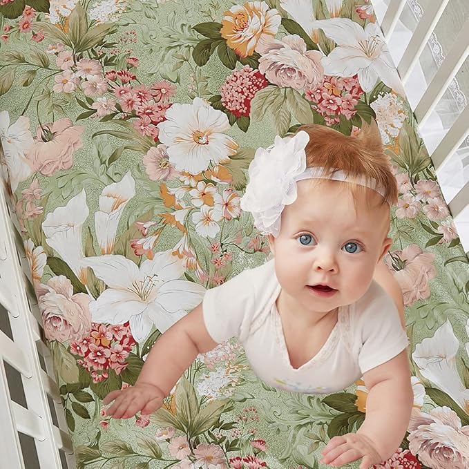 Brandream Crib Bedding Sets for Girls Garden Floral Nursery Set 3-Piece | Ruffled Baby Comforter, Crib Sheet and Tulle Lace Crib Bed Skirt, Green White