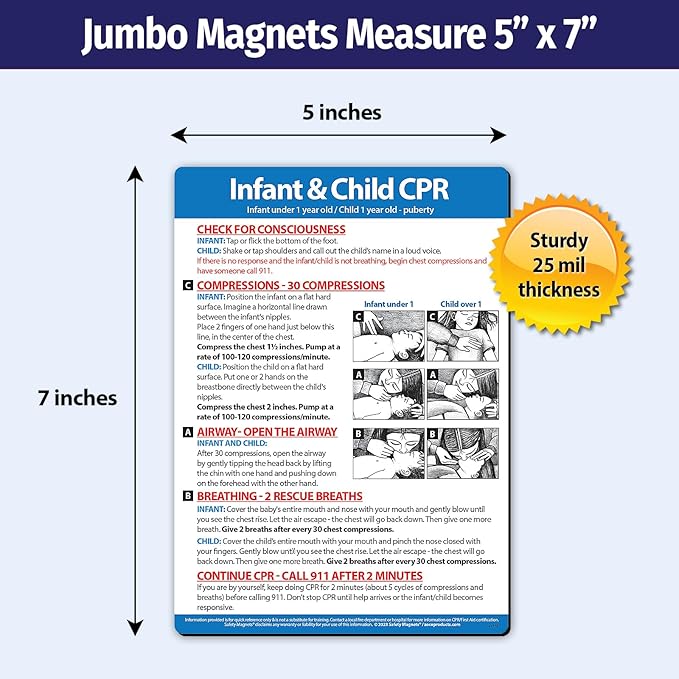 Safety Magnets by ZOCO – Infant and Child CPR Magnet (2-Pack) – 5"x7" Emergency First Aid Guide with Step-by-Step Instructions – CPR Reference for Homes, Daycares, Schools, and Parents
