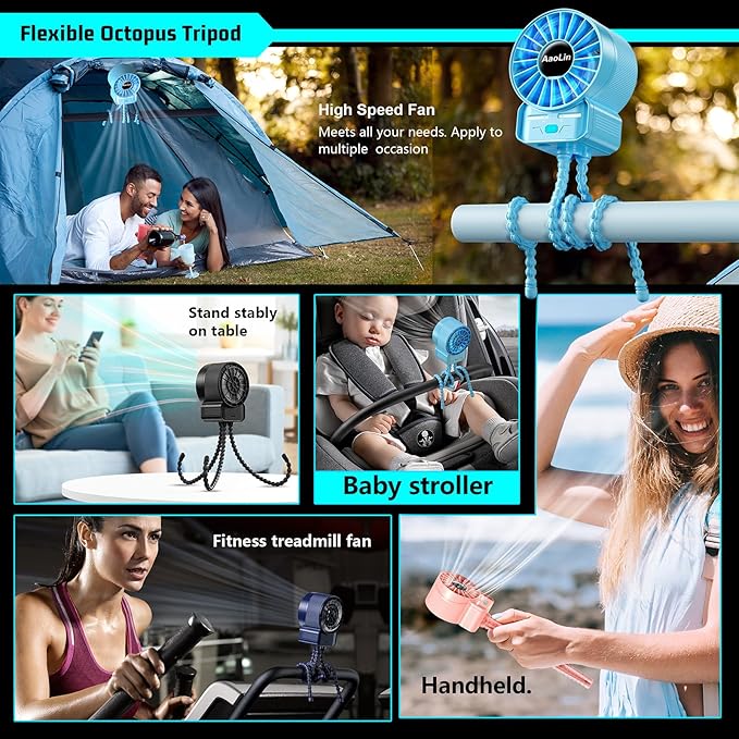 2 Pack Multifunctional Portable Stroller Fan 4 Speed 6600rpm High Speed Usb Rechargeable Personal Mini Handheld Fan Extended Tripod for Desktop Winding Kids Bed Treadmill Bike Golf Cart Outdoor Travel