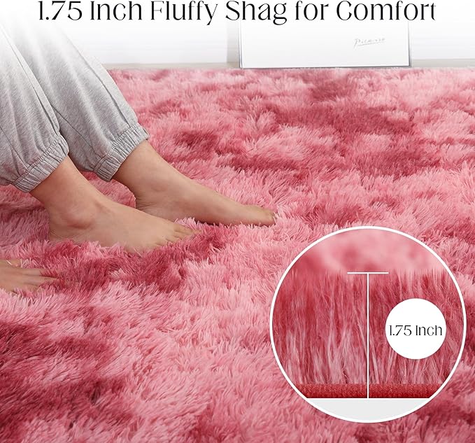 4x5.8 Area Rug, Fluffy Rugs for Living Room, Plush Carpet Rugs for Bedroom, Non-Slip Indoor Rug for Nursery, Study Room, Playroom, Home Decor, Tie-Dyed Dark Pink