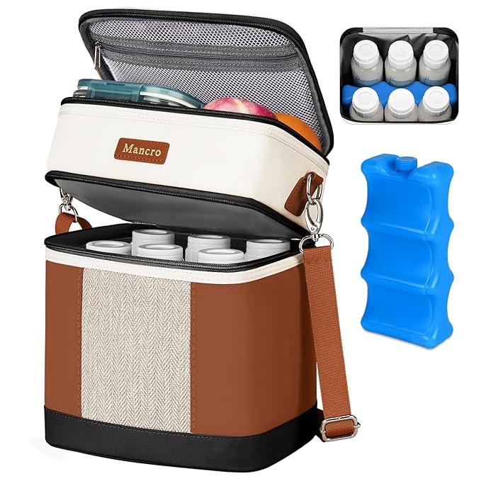 Mancro Breast milk Cooler Travel Bag Fits 6 Bottles Up to 9 Ounces,Double Layer Baby Bottle Cooler Bag with Ice Pack,Insulated Baby Bottle Bags for Daycare & Nursing Moms,Black and Brown