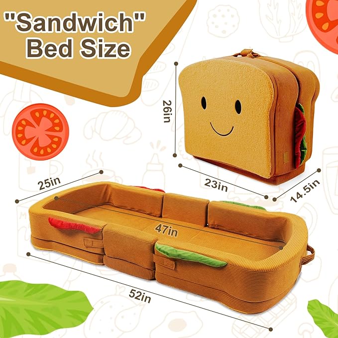 Toddler Travel Bed Sandwich Style - Portable Toddlers Floor Beds, Foldable Soft Foam Travel Crib for Baby and Kid, Washable Cover Toddler Cot with Safety Rail for Travel, Home Sleep & Play