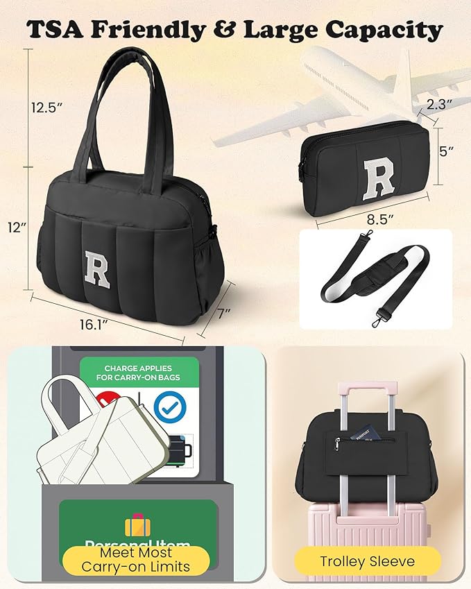Women Duffle Bag with Initial, 20s Women Gift-Personal Item Travel Bags,Gym Bag with Wet Pocket,Lightweight Travel Bags Personalized Tote with Makeup Pouch