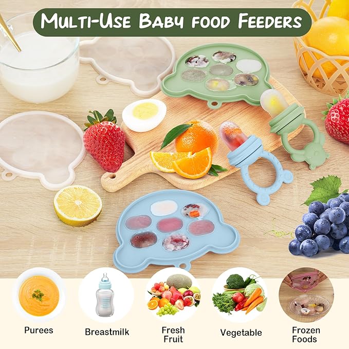 WAJIAYON Baby Breastmilk Popsicle Molds & Babies Fruit Feeder (4 Pack), Infant Food Freezer Tray Storage Containers, Silicone Teething Pacifier Feeder and Teether for Babies,Baby Feeders(Green)