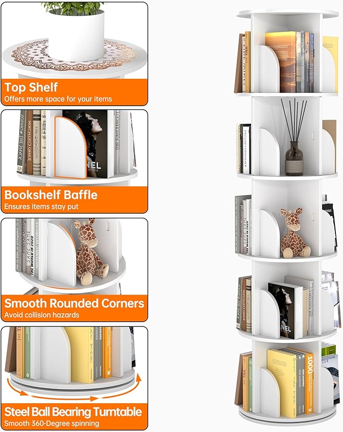 Rotating Bookshelf 5 Tier, 360 Degree Spinning Corner Bookcase with Lazy Susan, White Space Saving Tower Organizer for Small Spaces, Bedroom, Living Room, Adults