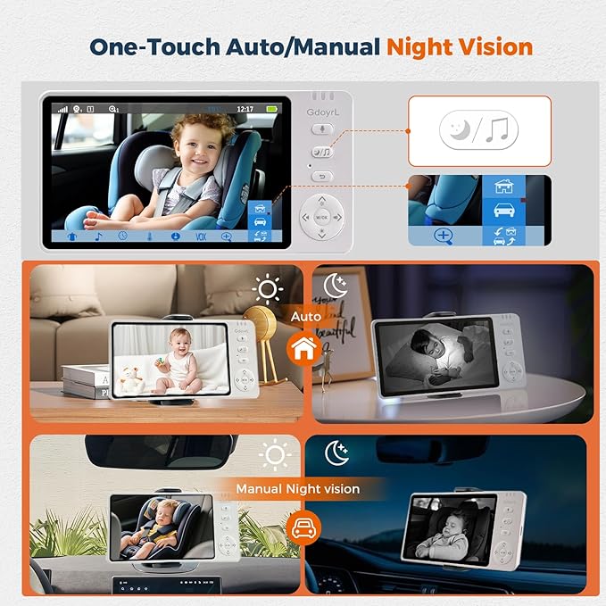 Wireless Baby Car Camera Monitor 5" HD 1080P IPS, 360° Rotating Camera with Auto/Manual Night Vision, 1000ft Range, Anti-Glare Display & USB Charging for Backseat, Home, Travel,Camping