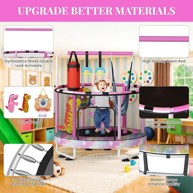 LAMERGE 55" 7-in-1 Round Trampoline for Kids Boys & Girls Ages 1-8, Indoor & Outdoor Trampoline for Fun, Adjustable Height Handrail & Enclosed Safety Net & Durable Designs for Toddlers Children