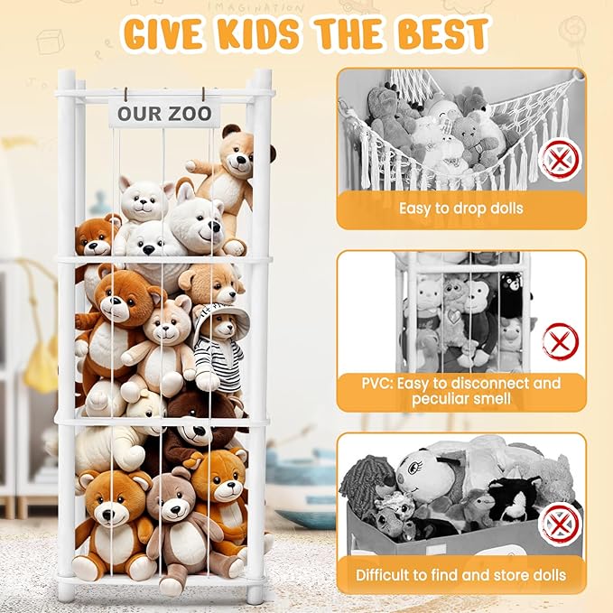 Stuffed Animal Storage & Organizer, Wooden Cute Zoo Toy Holder for Toddler Rooms, Playrooms & Bedrooms(White)