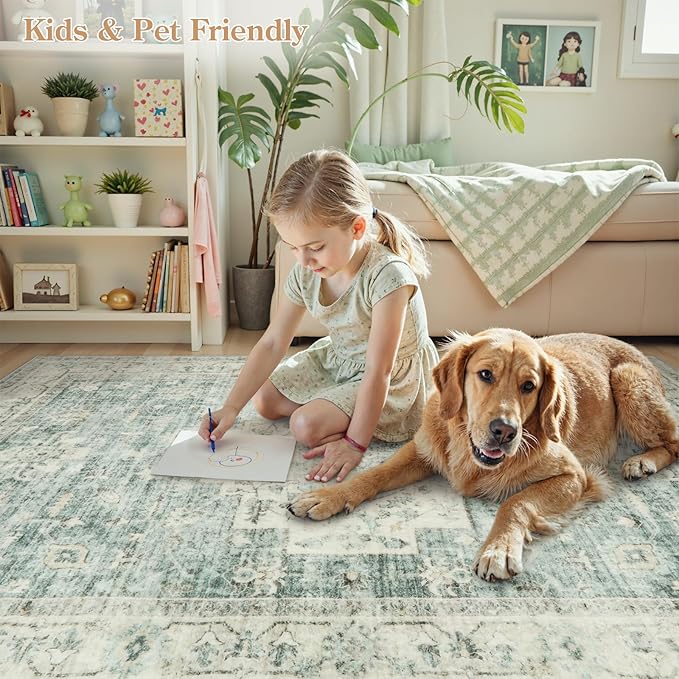 LIVEBOX Washable Rug 2x3 Kitchen Mats for Floor Entryway, Non Slip Front Door Mat for Bathroom Hallway, Boho Low-Pile Small Carpet Farmhouse Throw Indoor Rugs for Bath Sink, Sage Green