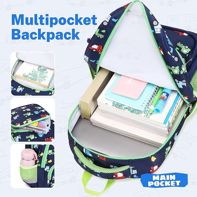mygreen 3PCS Kids Backpack Set - Waterproof Bookbag with Lunch Box for Boys Ages 3-12, Adorable Cartoon Prints for School & Outdoor Use Dark Blue Rocket