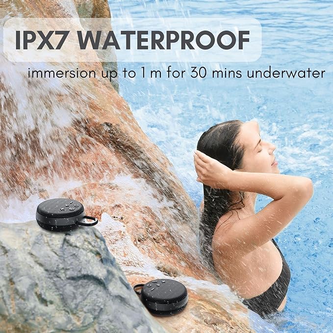 MusiBaby Mini Bluetooth Speaker – Bluetooth 5.3 with 6956C Chipset, IPX7 Waterproof, Rubberized Shell, Clip-On Lanyard, Ultra-Portable for Shower, Pool, Teens, Backpack, Gifts (Black)