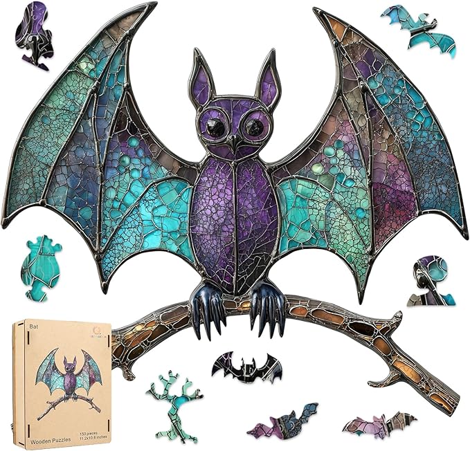 Wooden Puzzles for Adults,Stained Glass Bat Puzzles -Animal Wooden Puzzles,Unique Irregular Fun Challenging Jigsaw Puzzles Gifts,Perfect Family Games,11.2 * 10.6inch