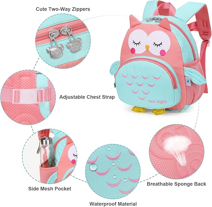 SUN EIGHT Preschool Backpack Toddler for Girls Animal Waterproof Kids Backpack 3D Cartoon School Bag for Baby Girl Boy 1-5 Years(Cute Owl)