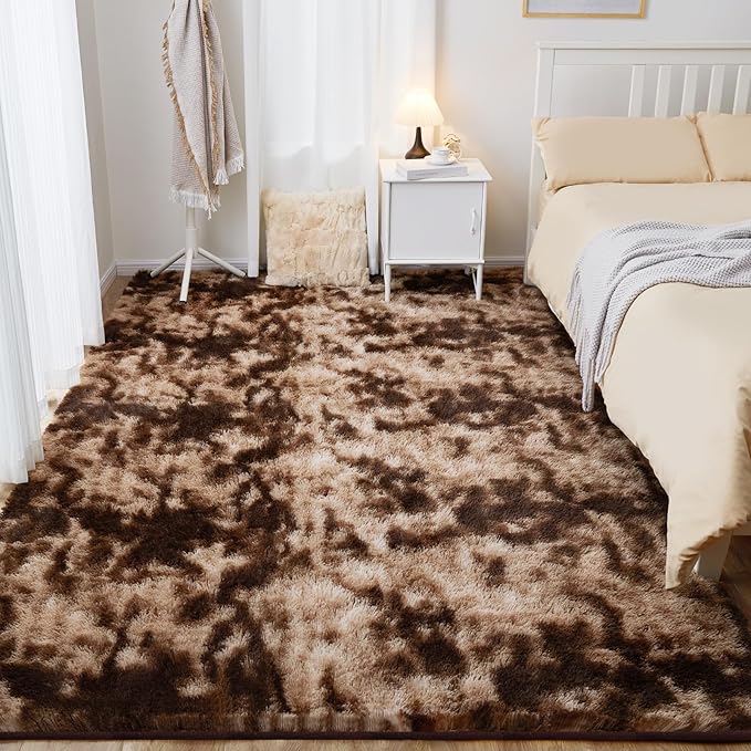 Ultra Soft Area Rugs for Living Room, 5x7 Tie-Dyed Brown Fluffy Plush Rugs for Bedroom, Non-Slip Floor Carpet for Kids Room, Bedside, Playroom, Corridor, Indoor Decor
