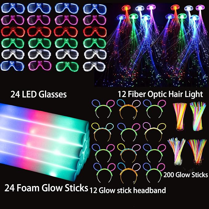 272 PCs Glow Party Supplies, 24 Foam Glow Sticks, 24 LED Glasses and 200 Glow Sticks & Bracelets, 12 Glow sticks headband 12 Fiber Optic Hair Light,Glow Neon Party Favors for Wedding, Concert, Raves