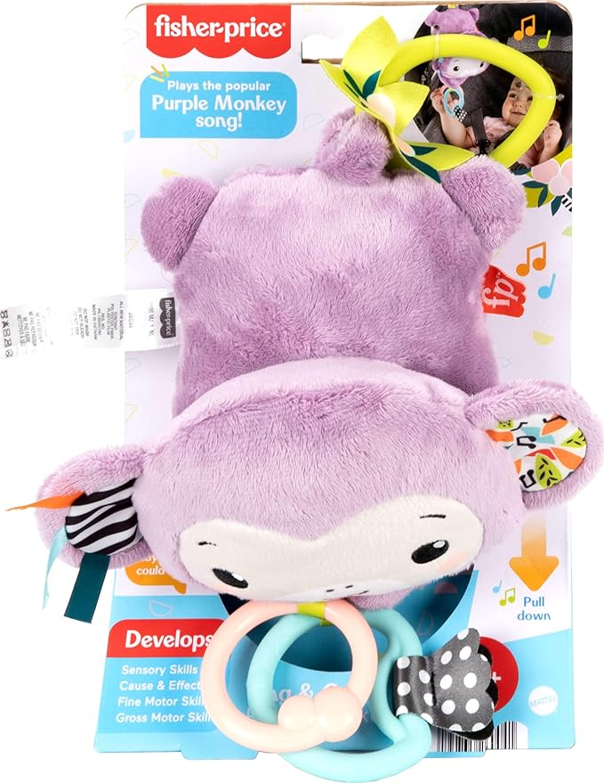 Fisher-Price Baby Stroller Toy Sing & Go Purple Monkey Musical Sensory Plush with Crinkle & Clackers for Newborns from Birth+