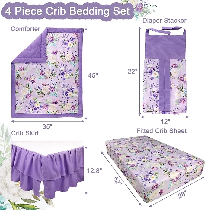 Crib Bedding Set for Girls, Purple Baby Crib Bedding Set 4 Piece, Baby Girl Nursery Bedding Set Including Comforter, Fitted Crib Sheet, Crib Skirt, Diaper Stacker, Floral