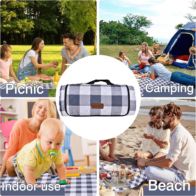 HX&OD Outdoor Picnic Blanket, Extra Large, 80''x60'' Waterproof Foldable Blankets Gingham Picnic Mat for Beach, Camping Grass Lawn Park Accessories Cute Couple Ideas Wedding (Gray, 80”x60”)