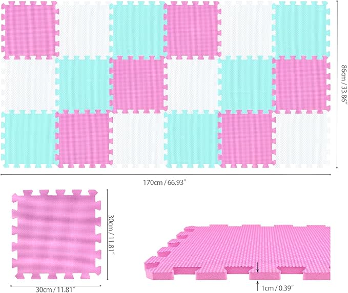 qqpp EVA Rubber 18 Tiles Interlocking Puzzle Foam Floor Mats - Baby Play Mat for Playing | Exercise Mat for Home Workout. White, Pink, Green. QC-ACHb18N