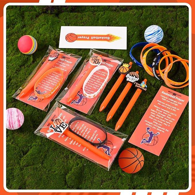 LiYiQ 72 Pcs Basketball Party Favors Basketball Team Gifts Basketball Goodie Bags Stuffers Basketball Ballpoint Pens Bookmark Card and Silicone Bracelet
