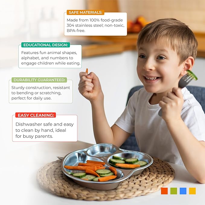Stainless Steel Plates for Kids, Toddler Plate, Non Toxic Baby Dinnerware, BPA-Free Feeding Tray, Durable, Easy to Clean, Compatible with Dishwasher, Freezer, Microwave