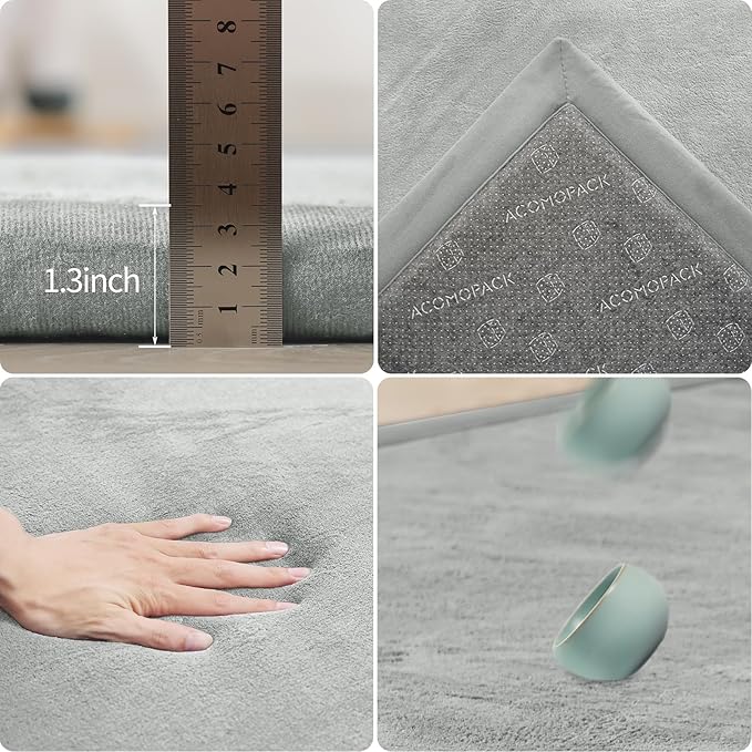 ACOMOPACK Baby Play Mat for Floor 1.3" Thick Memory Foam Play Mat 39"×59" Tummy Time Crawling with Non-Slip Bottom for Living Room,Nursery,Soft Velvet Playpen Mats for Kids,Infants(Light Grey)