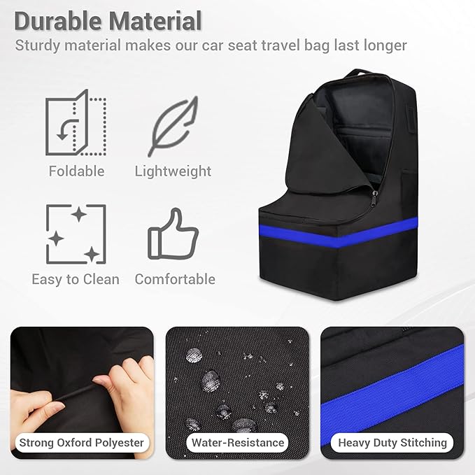 Car Seat Travel Bag - Padded, Comfortable, Durable, Roomy Gate Check Carseat Cover Backpack Fits 3-in-1,Convertible, Booster & Infant Car Seats for Airplane, Airport, Blue