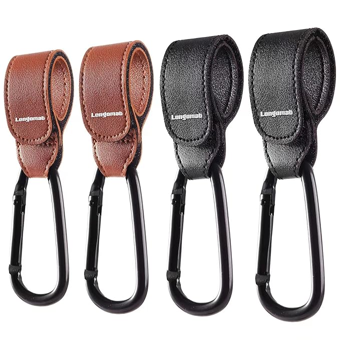 (4-Pack) Baby Stroller Hooks Clip or Hanging Diaper Bag Universal Hooks Accessories for Stroller and Car or Shopping Cart (Black and Brown)