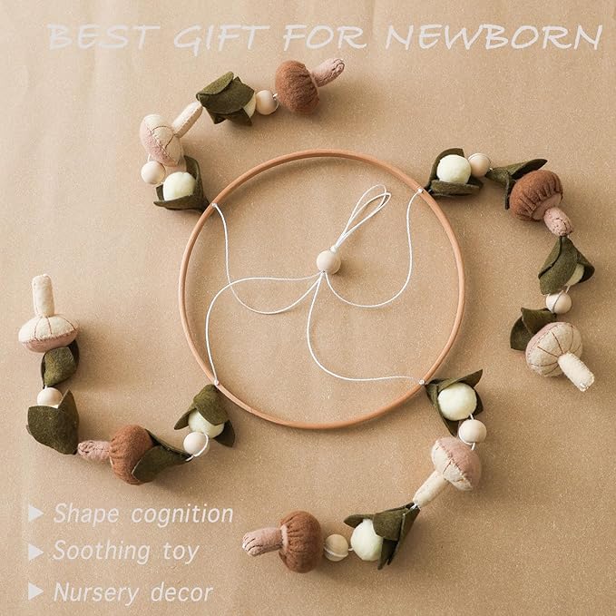Baby Mobile for Crib,Crib Mobile for Boys Girls, Soft Crib Toys Hanging,Baby Mobile for Bassinet,Boho Nursery Decor Neutral(Mushroom,Leaves,Cotton)