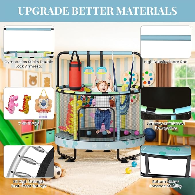 LAMERGE 55" 7-in-1 Round Trampoline for Kids Boys & Girls Ages 1-8, Indoor & Outdoor Trampoline for Fun, Adjustable Height Handrail & Enclosed Safety Net & Durable Designs for Toddlers Children