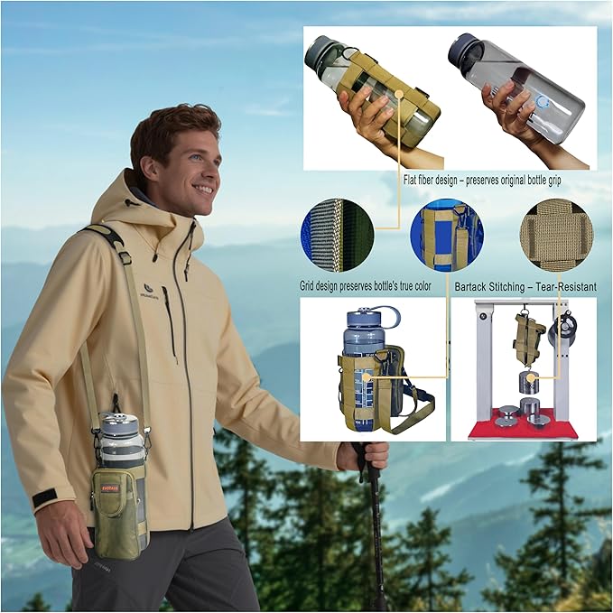 Water Bottle Holder with Strap, Shoulder & Hand Bottle Holder with Phone Pocket – Fits 32-64 oz Sports Bottles & 20-40 oz Insulated Bottles – Durable Sling Bag for Walking, Hiking, Gym