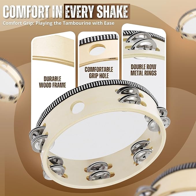 Flexzion Handheld Tambourine - 8 & 6 Inch Set of 2 Pack, Double Row 12 Pair Metal Jingles, Percussion Drum Moon Musical Educational Instrument for Adults Classroom Gift Party (Wood)