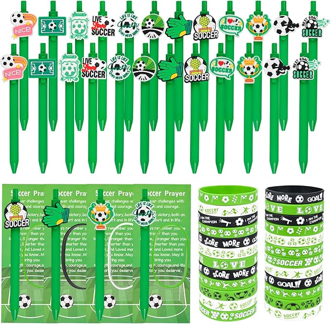 LiYiQ 72 Pcs Soccer Party Favors Soccer Team Gifts Soccer Goodie Bags Stuffers Soccer Ballpoint Pens Bookmark Card and Silicone Bracelet