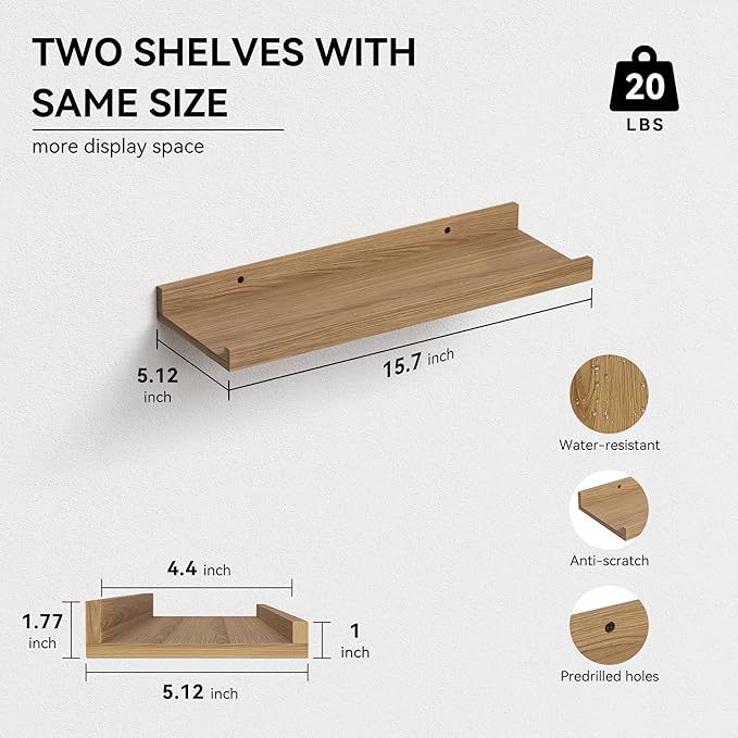 Floating Shelves Wall Mounted Set of 2, Modern Wall Shelves for Storage with Lip, Display Picture Ledge Shelf for Wall Decor Bedroom Living Room Bathroom Kitchen - Oak
