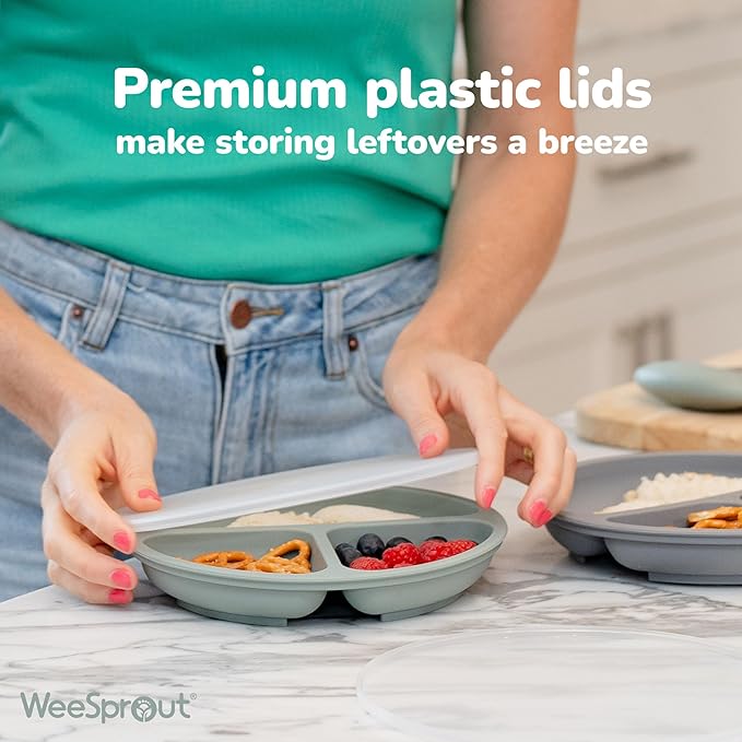 WeeSprout Suction Plates for Babies With Lids & Toddlers - 100% Silicone, Dinnerware Stays Put, Divided Design for Picky Eaters, Microwave & Dishwasher Friendly, 3 Pack