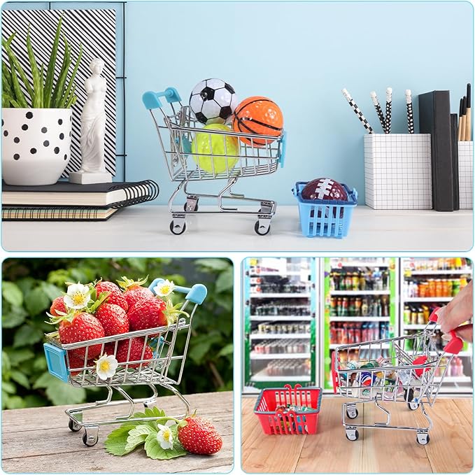 134pcs Mini Shopping Cart Basket Miniature Food Drink Bottle Supermarket Metal Handcart Toys Doll House Store Cosplay Game Dollhouse Grocery Fruit Cake Bread Party Trolley Model Dollar Bills