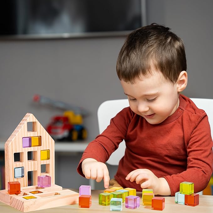 Wooden Building Blocks Set for Kids, 24 PCS Rainbow Gem Cubes Stacking Blocks - 2 Wood House, Montessori Stacking Toy for Toddlers, Educational STEM Learning Toy for Boys Girls 3-6