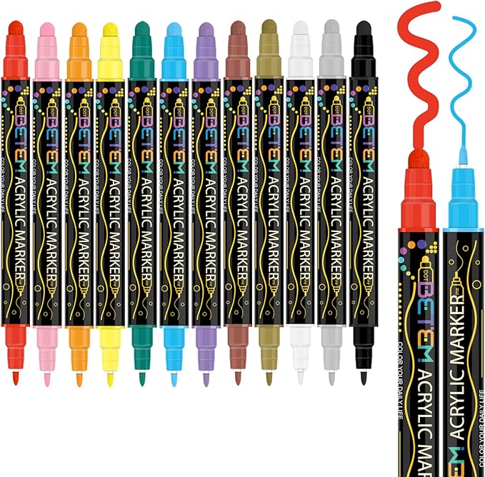 Betem 12 Colors Dual Tip Acrylic Paint Pens Markers, Premium Acrylic Paint Pens for Halloween Decorations, Wood, Canvas, Stone, Rock Painting, Glass, Ceramic Surfaces, Pumpkin Painting Kit DIY Crafts
