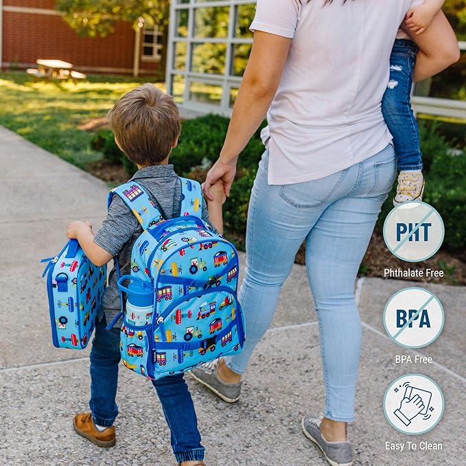 Wildkin ECO rPET 15-inch Kids Backpack – Sustainable, Padded, Adjustable – Trains, Planes & Trucks